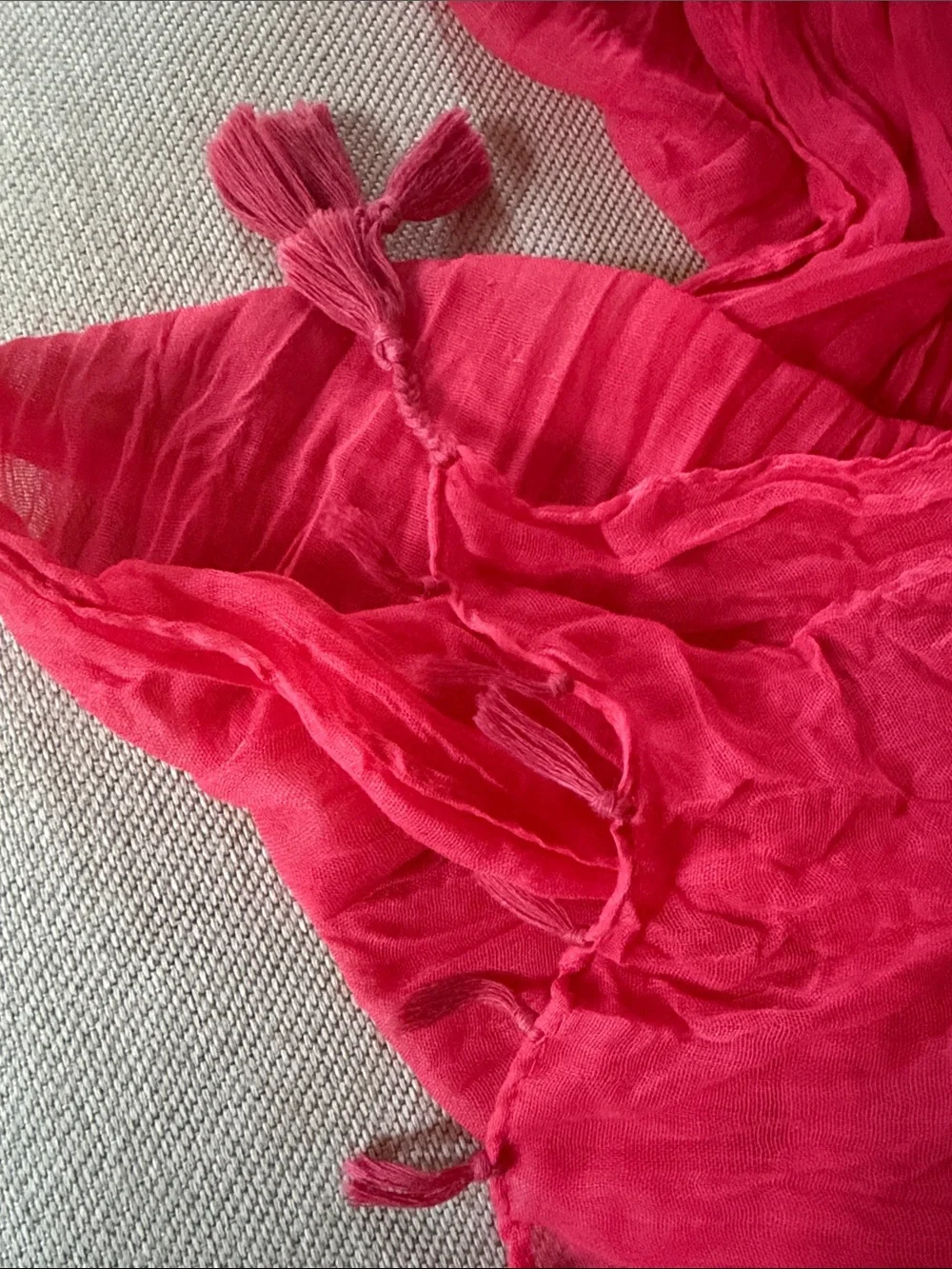 Vibrant Magenta Pink Crinkle Gauze Scarf with Tassels | Boho Lightweight Wrap